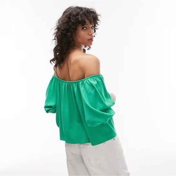 Topshop Bardot Off-Shoulder Short Sleeve Blouse Sz 6 Green - Picture 2 of 13